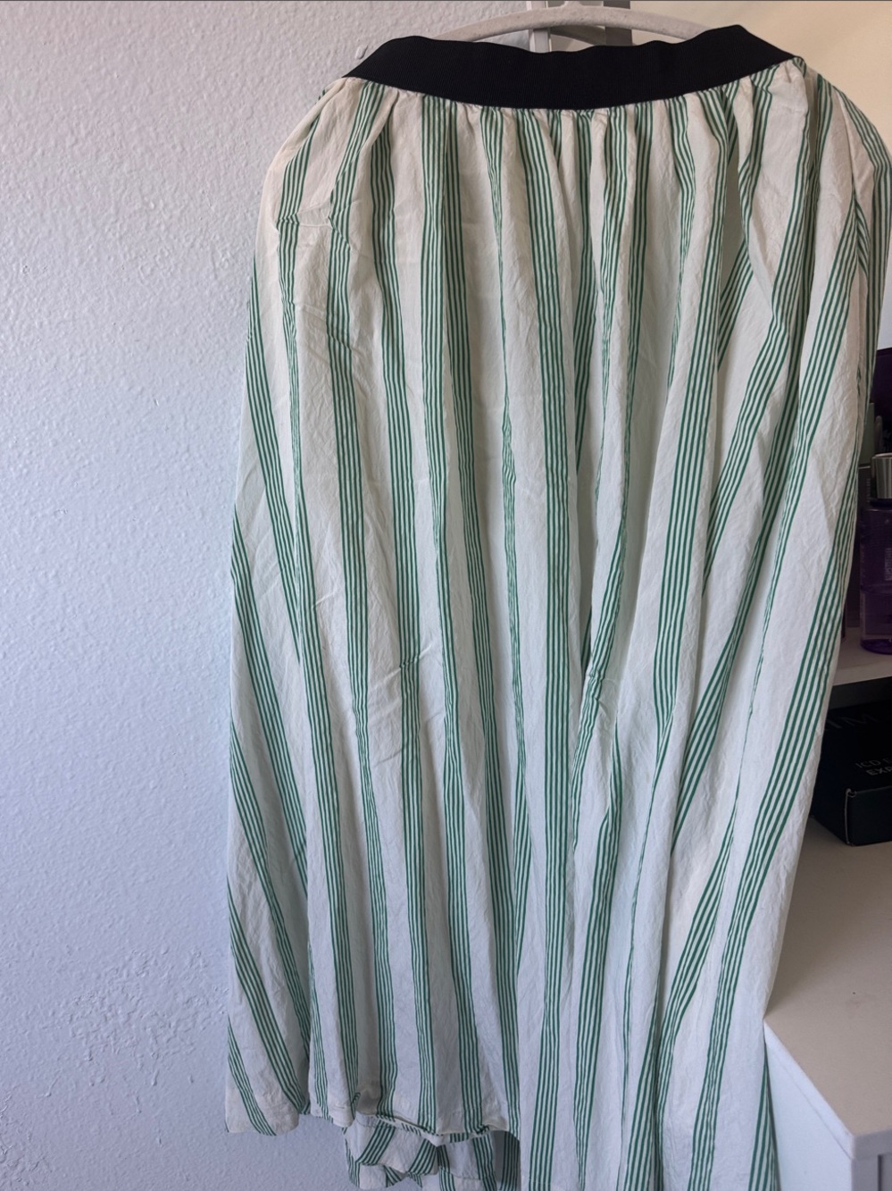 Striped Green and White Maxi Skirt with Black Waistband